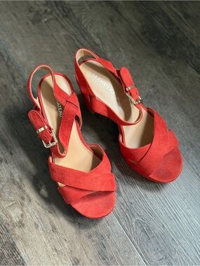 le chateau Red Suede Crisscross Slingback Sandals